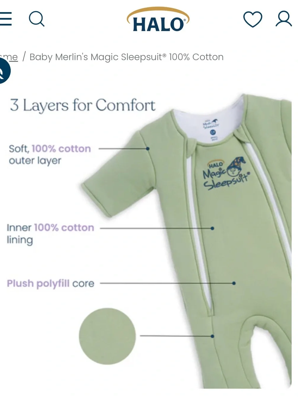 Halo Sage Green Infant Sleepsuit with Double Zipper